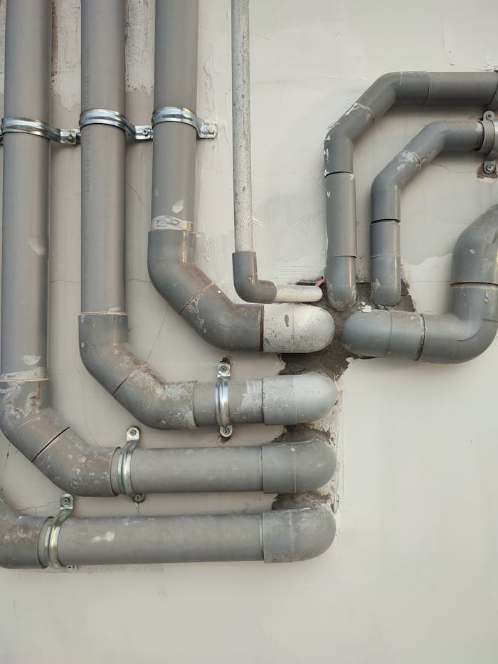 Offerings Close-up of interconnected gray metal pipes on an outdoor wall showcasing industrial design.